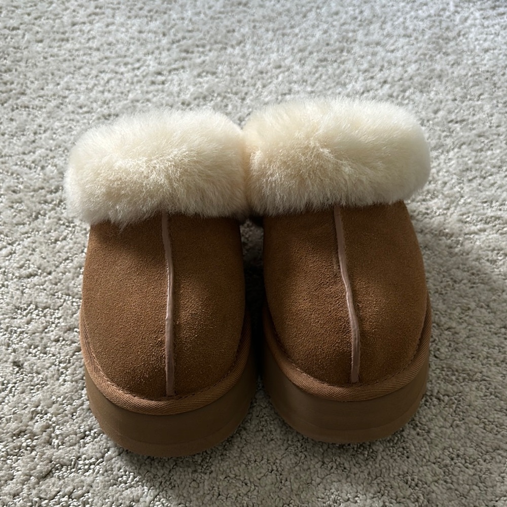 UGG Tan and Cream Cozy Suede Slippers with Plush Lining